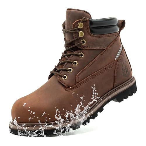 Image of Steel Toe Work Boots for Men 6 Inch Waterproof Non Slip Rubber Comfort Leather Safety Durable Industrial Construction Boots