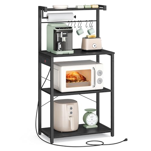 Image of VASAGLE BARNET Collection - Kitchen Bakers Rack with Power Outlet, 23.6-Inch Wide Coffee Bar 4-Tier with 8 S Hooks, Modern Microwave Stand, Adjustable Shelf, Charcoal Gray and Ink Black UKKS014B01V1