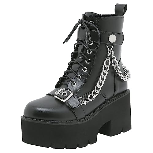 Image of Parisuit Womens Goth Patent Ankle Boots Platform Chunky Combat Boots