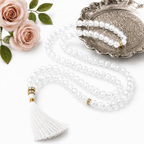 Image of Islamic Salat Prayer Tasbih - 100 Crystal White Beads - Tasbeeh for Dhikr, Zikr, and Meditation (Crystal White)