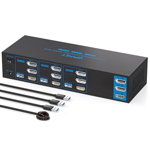 4K144Hz Displayport KVM Switch 3 Monitors 3 Computers 1 HDMI 8K30Hz KVM Switches Triple Monitor for 3 PC Share 3 Screens and 4 USB 3.0 Ports with Power Adapter and USB Cables