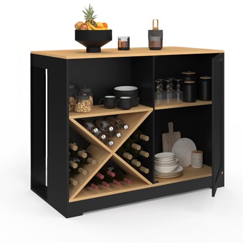 IDMarket - Table de Bar îlot VITO 113 cm avec Range Bouteilles Bois Noir et Plateau façon hêtre