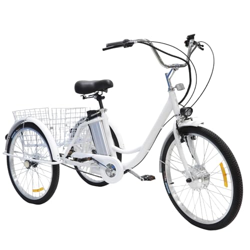 EaThsalL Triciclo eléctrico de 24 pulgadas para adultos, capacidad de carga de 150 kg, altura ajustable, con canasta, para ancianos, ejercicio, ir de compras, paseos cómodos, color blanco