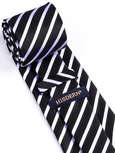 Image of HISDERN Stripe Tie Mens Ties with Pocket Square Set Classic 3.4'' Silk Formal Necktie Handkerchief for Business Wedding
