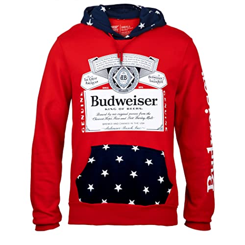 Beer Gear Budweiser Label and Stars Hoodie with Logo on Sleeve B09YMZVLMT