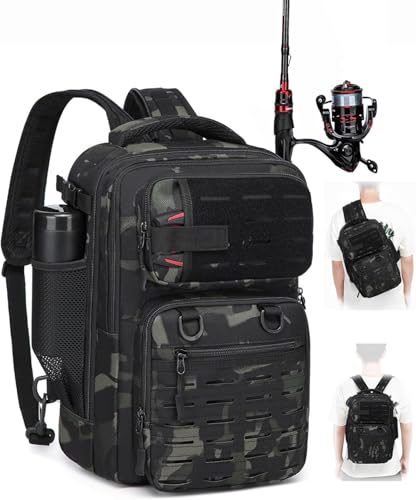 BlesMaller Sac à dos de pêche 2 en 1 avec porte-canne à pêche - Petit sac de pêche - 25 l - Sac à bandoulière tactique - Sac à dos militaire pour la...
