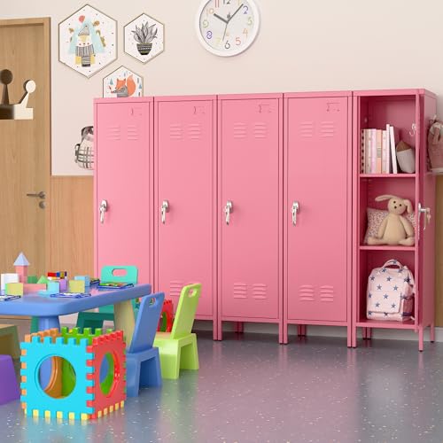 Image of SUPEER Pink Metal Locker with Lock, Pegboards and 5 Hooks, 54.45 inch H | 15 inchW x 15 inchD steel locker with keyed lock, 2 door pegboards, 5 hooks, ventilation openings and required assembly.