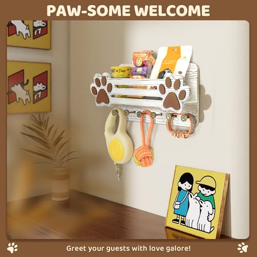 MTERSN Farmhouse Dog Leash Holder for Wall - Cute Dog Accessories Storage Organizer with Floating Shelf and 6 Key Hooks – Key Holder Wall Mount for Rustic Home Decor (White) - Image 4