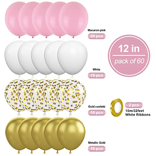 Image of Pink Gold Balloons, 60PCS Pink White Gold Birthday Balloons, 12 Inch Metallic Gold Confetti Balloons Macaron Pink Latex Balloons for Helium Party Balloons for Birthday Wedding Baby Shower Decoration