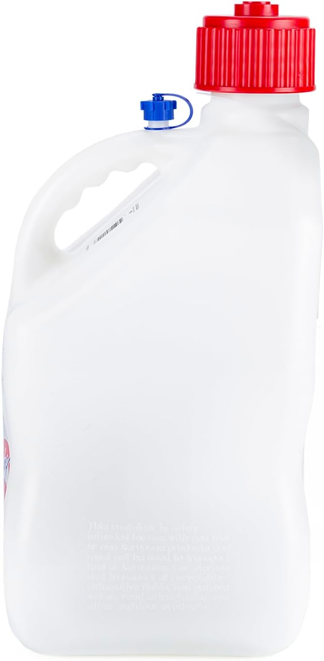 VP Racing 5.5 Gallon Square Patriotic Motorsport Container with 14" Deluxe Filler Hose Closed-Trim Cap and Neck for Tighter Seal