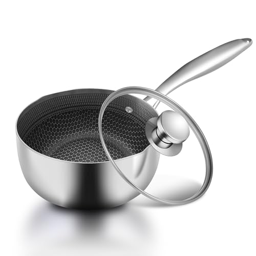 LENND Nonstick Sauce Pan with Lid Stainless Steel Saucepan Hybrid Milk Pan with Handle 18CM Tea Pan Cooking Pot for Soup Rice Stainless Steel Cookware Compatible with All Cooktops