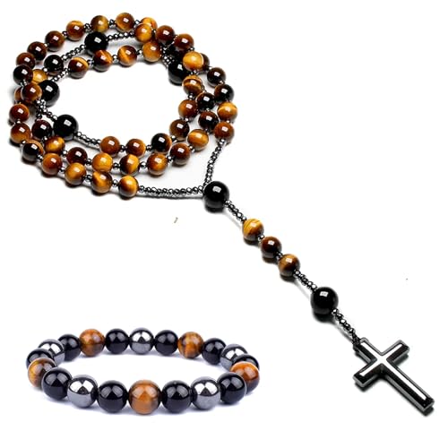 Tiger Eye Necklace and Bracelet Set, Cross Pendant Necklace, Triple Protection Bracelet, Healing Crystal Black Obsidian Tiger Eye and Hematite Beads Jewelry