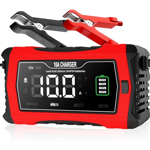 10-Amp 12V and 24V Fully-Automatic Smart Car Battery Charger, Battery Maintainer Trickle Charger, and Battery Desulfator, Lifepo4/AGM, Lithium Battery Charger