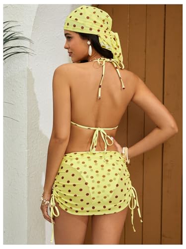 Image of RoseSeek Women's 4 Piece Polka Dots Bathing Suits Cover Up Skirt & Bandana