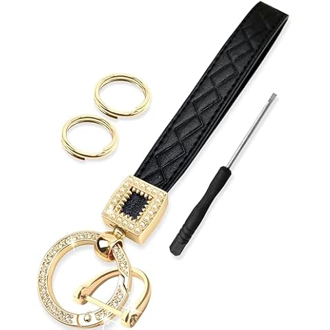 GABOX Extended Wristlet Keychain for Women - Rhinestone Ring Carabiner & Horseshoe Clasp for Car Keys Rings - Wrist Strap for Secure and Stylish Convenience - Black PU Leather & Golden Metal Cover