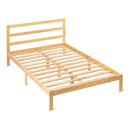 Amazon Basics Estructura Cama de Madera con Cabecero, Madera Maciza de Pino, Incluye Somier, 140 x 200 cm, Pino