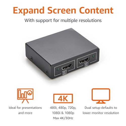 Amazon Basics HDMI Splitter 1 in 2 Out for Dual Monitors, 4K@30Hz, 1080P, Mirror Only, Black