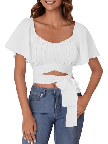 Rooscier Women's Ruched Wrap Ruffle Flare Short Sleeve Square Neck Self Tie Crop Top Blouse3
