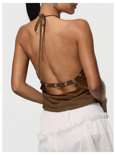 Verdusa Women's Button Front Cut Out Halter Tops Backless Summer Going Out Tops2