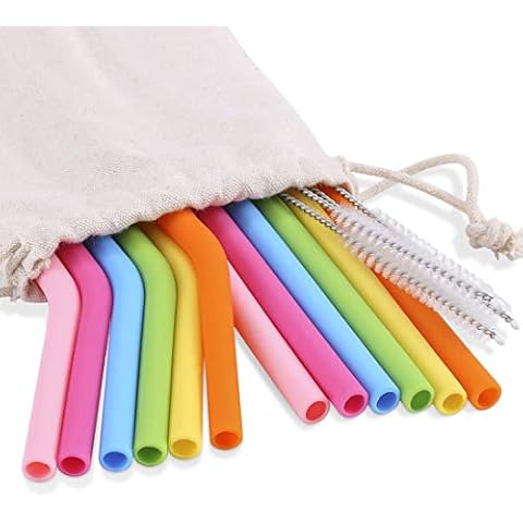 12 Pack Silicone Reusable Straws, 6 Bend + 6 Straight Colorful Reusable Drinking Straws, 10” Regular Size Flexible Straws with Cleaning Brushes Storage Bag for 30oz 20oz Tumblers - BPA FREE (12 pack) Cover