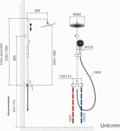 Miniatura 2 de Auralum Columna Ducha Con Grifo De Latón, Rociador Ducha Ø26 Cm Redondo, Duchas De Baño Columna Y Alcachofa De Ducha 3 Modos, Barra De Ducha Altura Regulable 103-139cm, Plata