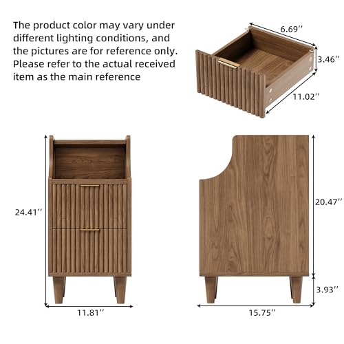 Image of Narrow Nightstand Set of 2,11.8 inch Fluted Bedside Table Set of 2, Slim Side End Table with 2 Drawers, Wooden Bedside Table, Mid Century Modern Night Stand for Bedroom Livingroom Sofa Office