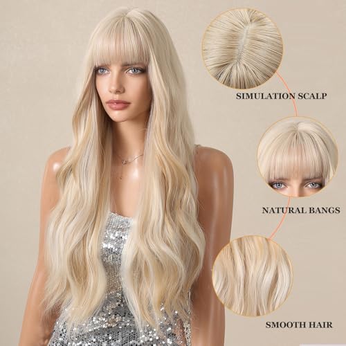 Esmee Long Wavy Mixed Blonde Wig for Women Natural Synthetic Hair Heat Resistant Blend Wigs with Fringe, 26 Inch (Pack of 1) - Image 3
