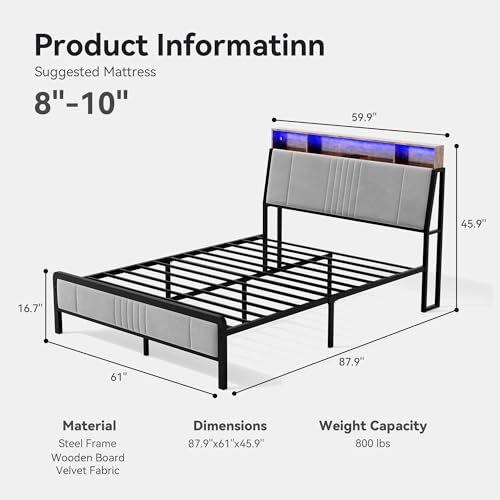 Image of Nelaukoko Queen Size Bed Frame, Metal Platform Bed Frame with Smart LED Lights and Charging Station, Ergonomic Velvet Headboard, No Box Spring Needed, Easy Assembly