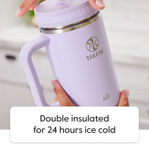 Image of Takeya Stainless Steel Tumbler with Handle and Straw (40 oz, Blush) - Insulated Water Bottle with Straw for Water & Iced Beverages