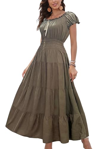 Image of OSTOO Women's Floral Maxi Dress Boho Summer Short Sleeve Smocked Waist Tiered Long Dress