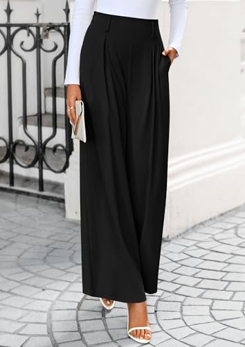PRETTYGARDEN Womens Fall Wide Leg Trousers 2025 High Elastic Waist Loose Pleated Long Flowy Palazzo Work Pants with Pockets4