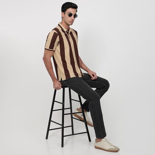 Image of Raymond Men Modern Fit Stripe Pattern Pure Cotton Polo Neck Half Sleeve Casual T-Shirt
