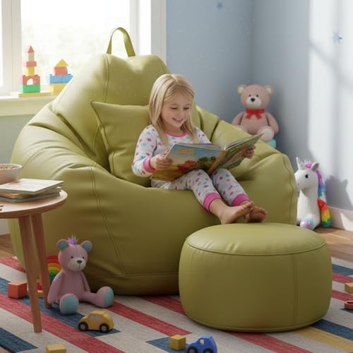 Image of KAM'S LIEU 6XL Luxury Faux Leather Bean Bag with Footrest & Cushion | Pre-Filled High-Density Polystyrene Beans | Premium Leatherette |Teardrop Handle Design | 6 Months Warranty Color- Olive Green