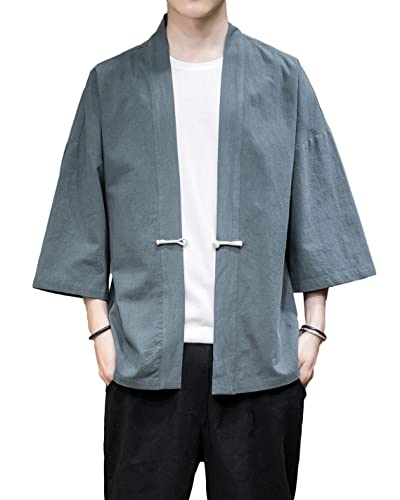 Image of Mens Kimono Cardigan Cotton Linen Japanese Shirt 3 /4 Sleeve Haori Yukata | Skin-Friendly Solid Color Lightweight Shawl Collar Kimono Robe Embroidery Button Tie Pockets Happi Coat All Season Daily Wear