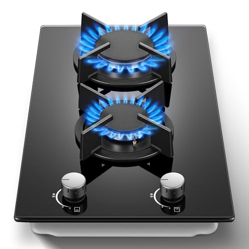 Gas Stove 2 Burner, Propane Cooktop 12 Inch, Built-in Gas Cooktop Black Tempered Glass Stove Top with Thermocouple Protection, LPG/NG Dual Fuel Hob for Apartment, Kitchen, RV