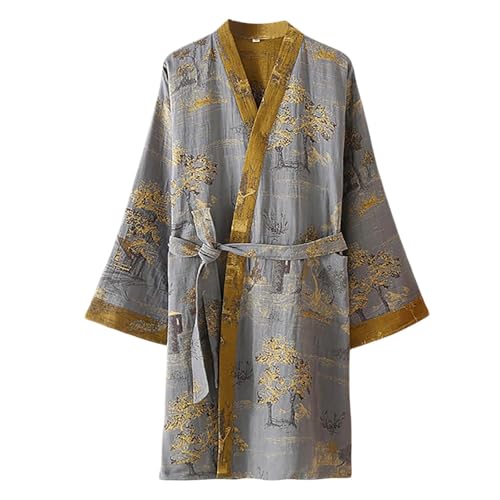 Men Lightweight Kimono Robe 100% Cotton pajamas Comfort Spa Sauna Yukata Water Absorbent House Coat Printed Bathrobe