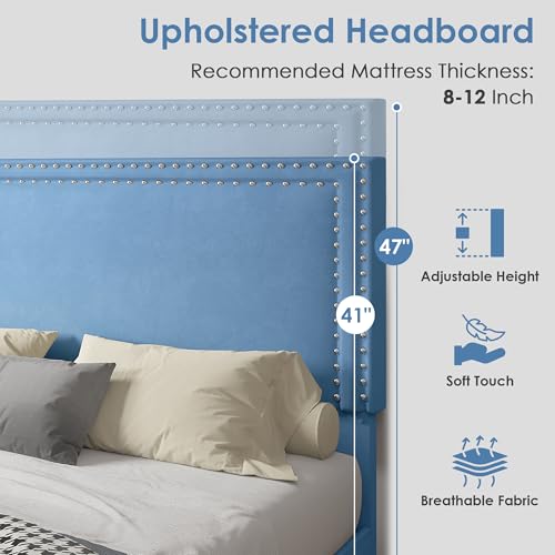 Image of VECELO Queen Size Platform Bed Frame with Height Adjustable Upholstered Headboard, Modern Mattress Foundation,Strong Wood Slat Support, No Box Spring Needed, Easy Assembly,Light Blue