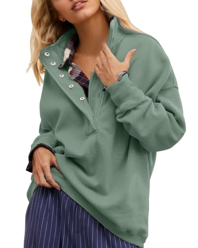 Image of Gacaky Sweatshirt for Women Oversized Henley Neck Pullover Top Fall Outfits | Oversized Silhouette, Quilted Placket Detail, Henley Sweatshirt, Comfort Soft Sweaters, Fall Winter Fashion Outfits Clothes