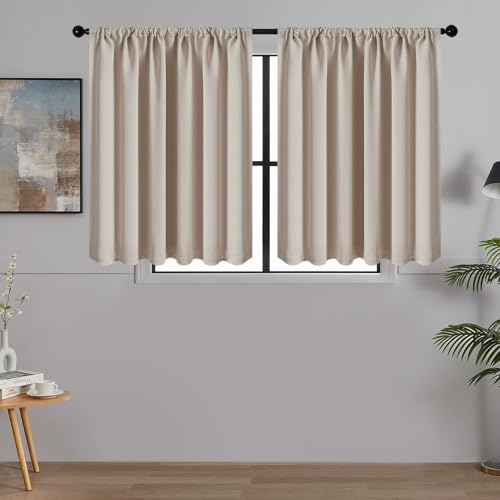 MRTREES Rideaux Courts Occultants Thermique Beige pour Petites Fenêtres de Cuisine Tissu Imperméable Rideau Isolant Phonique Anti Froid Passe Tringle...