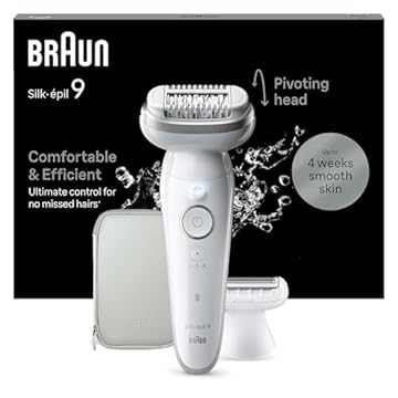 Braun Silk-épil 9 Epilatore Elettrico Donna Con Testina Flessibile, Wet&Dry, Pelle Liscia a Lungo, Con Testina Per Rasoio Elettrico Donna e Cappuccio Rifinitore, Depilatore Braun 9-041 Bianco/Argento