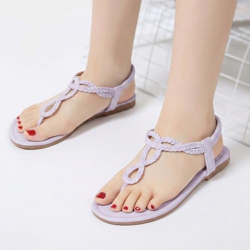 Image of iCKER Womens Braided T‑Strap Flat Sandals Elastic Stretch Ankle Strap | Boho cute casual lightweight and comfort matches dresses for beach vacation