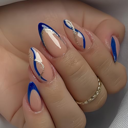 Navy Blue French Tip Press on Nails Medium Almond Fake Nails with Glitter Gold Lines Design Nude Glossy Glue on Nail Reusable Full Cover Press ons Acrylic False Nails for Women 24Pcs