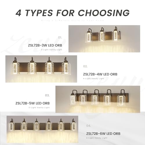 Image of zeyu 40W 6 Light Bathroom Light Fixtures, 44 Inch LED Vanity Wall Light with 5 Color Modes, Oil Rubbed Bronze Finish with Crystal Bubble and Clear Glass, ZSL72B-6W LED ORB