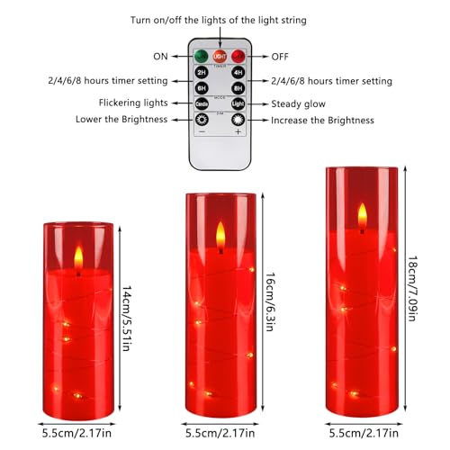 Image of 24-Pack Flameless LED Candles with Star String Lights - Red Acrylic Pillar, Realistic Flickering, Remote Control & Timer for Home Decor, Wedding, Christmas