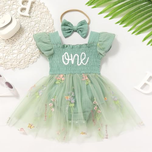 ODASDO Baby Girls First Birthday Outfit Sqaure Neck Ruffle Fly Sleeve Tulle Tutu Romper Dress with Bowknot Headband2