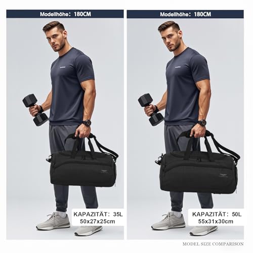 FIORETTO Sporttasche & Reisetasche für Damen und Herren, mit Schuhfach & Nassfach, Wasserdicht Tasche für Trainingstasche, Gym, Travel, Schwimmen, Sauna, fußball Schwarz 35L