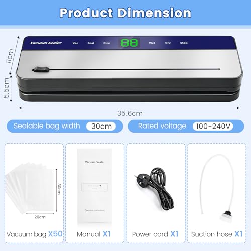 7 in 1 Vacuum Sealer Machine, 65 Kpa 30mm Longer Seal Food Sealer with 50Pcs Vacuum Sealer Bags for Vac/Seal/Rice/Wet Dry Mode, Built-in Cutter and Visible LED Digital Countdown Display - Image 7