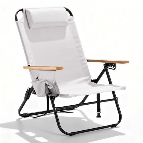 Canpsky Premium Portable Camping Chair 5-Position Recliner Beach Folding Lightweight Outdoor Chair with Wooden Armrests Headrest Multi-Pockets Heavy Duty 350lbs for Patio Backyard Cream White