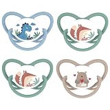 NIP Spar-Set Silikon Schnuller Butterfly 4er Pack, Größe 1 (0-6 Monate) beige/blau/grün, Extra flaches und weiches Saugteil aus Silikon, Kiefergerecht und Stillfreundlich, ab Geburt