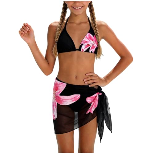 Bikini Set Mädchen 3 Teiliges Blumenmuster Badeanzug Push Up Neckholder Bademode Sommer Badebekleidung mit Rock (11-12 Years)